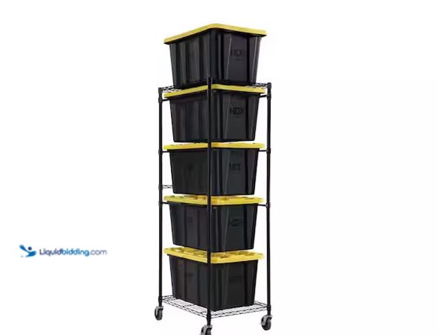 Lot 49-1556685 - HDX Steel Wire Garage Storage Tote Rack with Casters for 27 Gal. Totes in Black (22 in. W x 69 in. H...