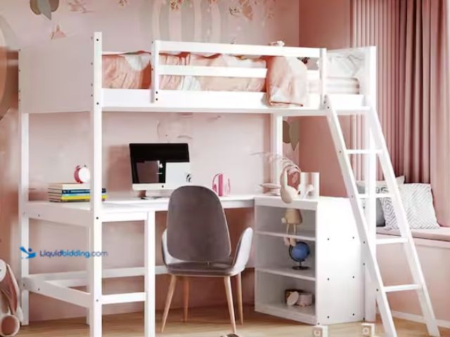 Lot 49-1523707 - Polibi Twin size Loft Bed with Shelves and Desk, Wooden Loft Bed with Desk-White, Model # RS-43578AA...