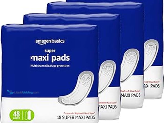 Lot 49-5541970 - QTY 4- Amazon Basics Maxi Pads For Periods- Thick, Super Absorbency, Unscented, 48 Count, 1 Pack. Ne...