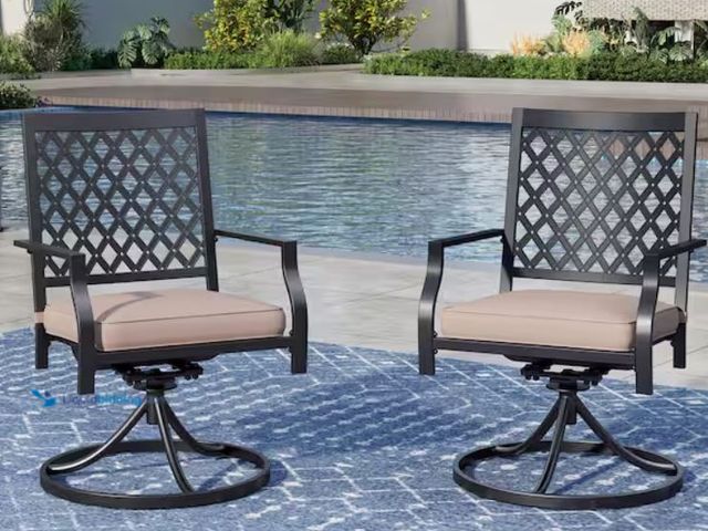 Lot 49-2006671 - Set of (2) PHI VILLA Black Metal Elegant Patio Outdoor Dining Swivel Chair with Beige Cushion, Model...