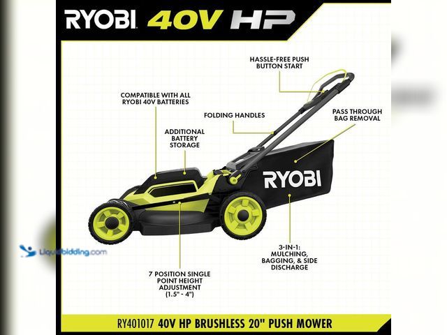 Lot 49-5433949 - RYOBI
40V HP Brushless 20 in. Cordless Battery Walk Behind Push Lawn Mower, Item is Used, NO BATTER...