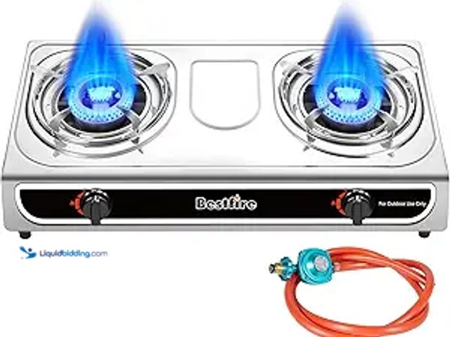 Lot 49-5438122 - 23,000 BTU Portable Dual-Burner Propane Stove with Auto Ignition – Stainless Steel Camping Stove for...