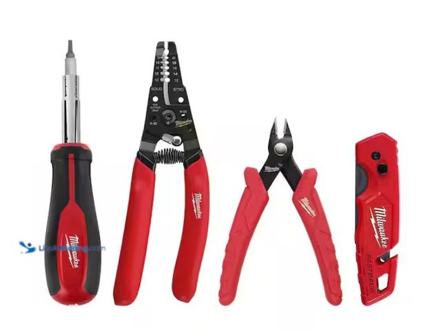 Lot 49-3433242 - (4-Piece) Milwaukee Electrician's Hand Tool Kit, Includes Wire Stripper/Cutter for solid and strande...