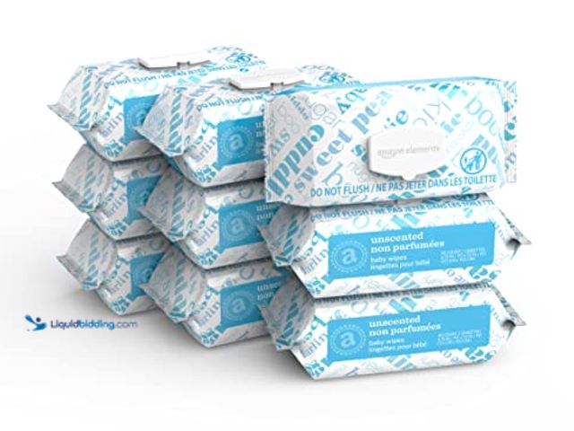 Lot 49-3528073 - Amazon Elements Baby Wipes, Unscented, 810 Count, Flip-Top Packs, 00195515011563. Item is unused.