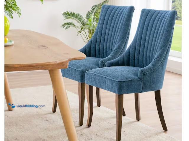 Lot 49-1566877 - WONDER COMFORT Chic Blue Linen Channel Tufted Back Dining Chairs Set of 4 with Curved Solid Wood Leg...