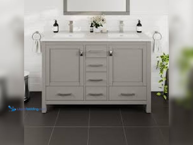 Lot 49-5488441 - Eviva London 48 in. Double Sink Gray Bath Vanity with White Carrara Quartz Top (Assembled). Model # ...