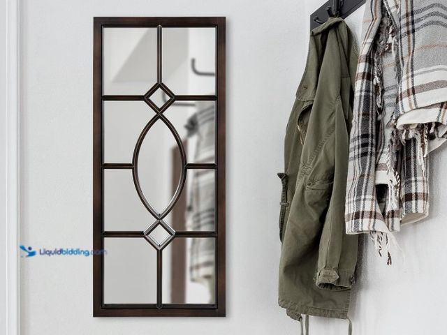 Lot 49-1556554 - Kate and Laurel Cassat Window Wall Accent Mirror, 13" x 30", Dark Bronze, Rustic Windowpane Inspired...