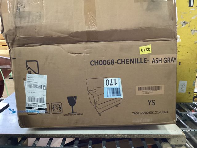 Lot 49-1636776 - Uixe Modern Ash Grey Chenille Arm Chair with Flared Arm Model # CH0068C, Unused, Box Damaged From Sh...