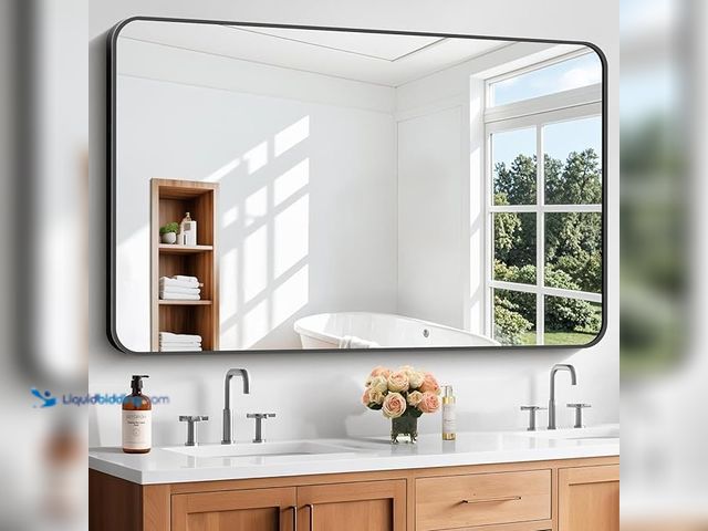 Lot 49-3466015 - Bathroom Mirror, 55x36 inch Black Rectangle Wall Mirror, Metal Frame Rounded Corner Vanity Mirror, L...