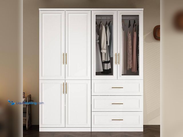 Lot 49-5414200 - Fufu & Gaga 2-Combination White Wood 63.3 in. W 6-Door Big Armoires with 2 Hanging Rods, 3-Drawers, ...
