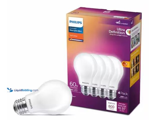 Lot 49-1627039 - Lot of (4) Philips 60-Watt Equivalent A19 Ultra Definition Dimmable E26 LED Light Bulb Eye Comfort S...