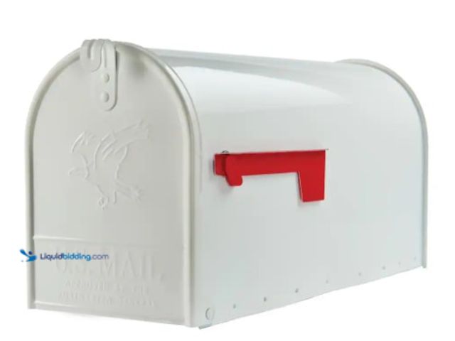 Lot 49-1520156 - Architectural Mailboxes Elite White, Large, Steel, Post Mount Mailbox, Model # E1600WAM, slightly us...