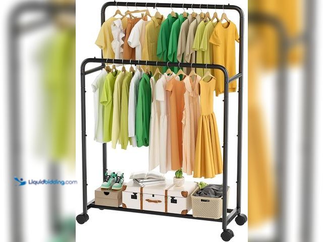 Lot 49-3480512 - Simple Trending Clothing Clothes Rack Double Rods with Wheels, Rolling Metal Garment Rack for Hangin...