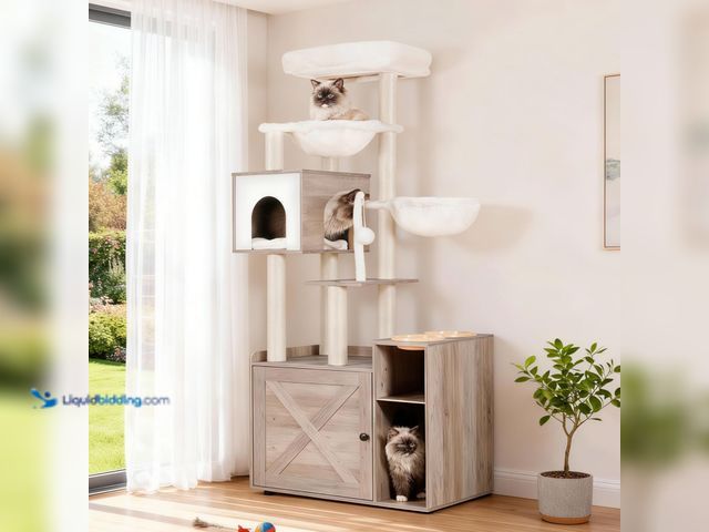 Lot 49-5484629 - Hey-brother Cat Tree with Litter Box Enclosure, Modern Cat Tower for Indoor Cats with Large Platform...