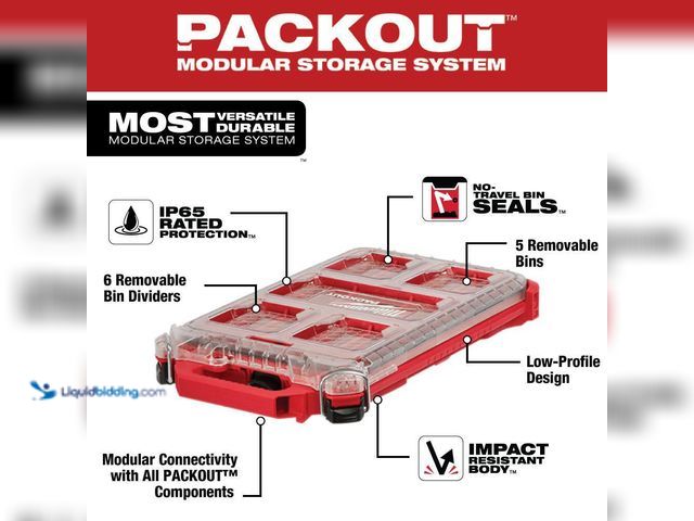 Lot 49-3614953 - Milwaukee PACKOUT 5-Compartment Low-Profile Compact Small Parts Organizer - Unused (Model # 48-22-84...