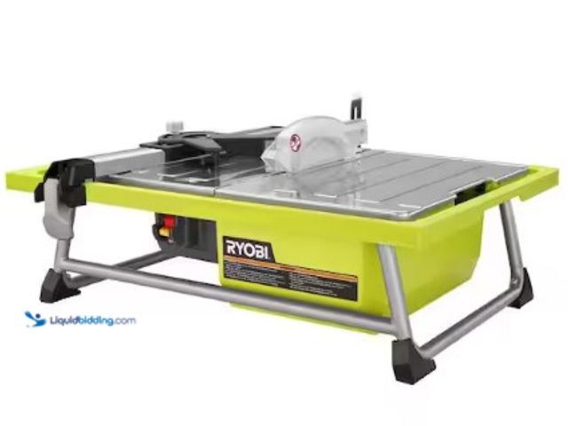 Lot 49-3631143 - RYOBI 4.8 -Amps 7 in. Blade Corded Tabletop Wet Tile Saw, Model # WS722, Slightly used, Has attachme...