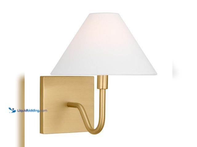 Lot 49-5453512 - SCOTT LIVING Eldon Small 1-Light Satin Brass Wall Sconce with a White Linen Fabric Shade. [Model # D...