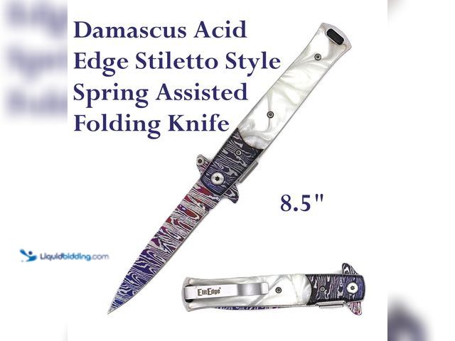 Lot 49-5492882 - Damascus Acid Etched Stiletto Style Spring Assisted Folding Knife 8.5" with White Pearl Style Handle...
