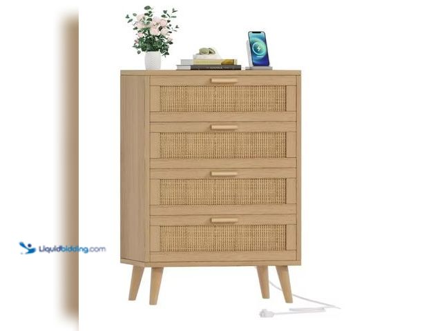 Lot 49-1557127 - Rattan Nightstand With Charging Station, Night Stand With 4 Large Rattan Drawers, Accent End Table, ...