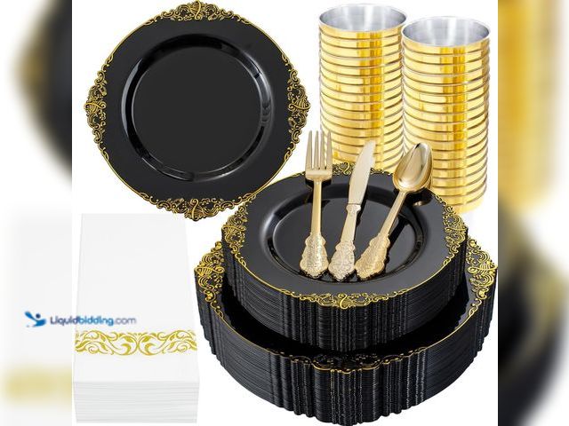 Lot 49-5416492 - Nervure Black Plastic Plates - Black Plastic Dinnerware Sets. Disposable Plates, Gold Silverware, Cu...