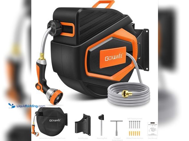 Lot 49-5459755 - GOXAWEE Retractable Garden Hose Reel, 1/2" x 100 ft Upgraded UV Resistant Water Hose Reel Wall Mount...