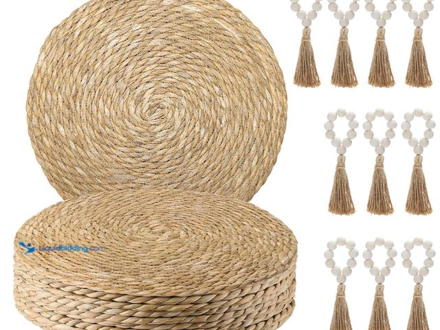 Lot 49-1512582 - Woven Placemats Set of 10, 13" Round Rattan Placemats Natural Water Hyacinth Placemats with Wooden B...