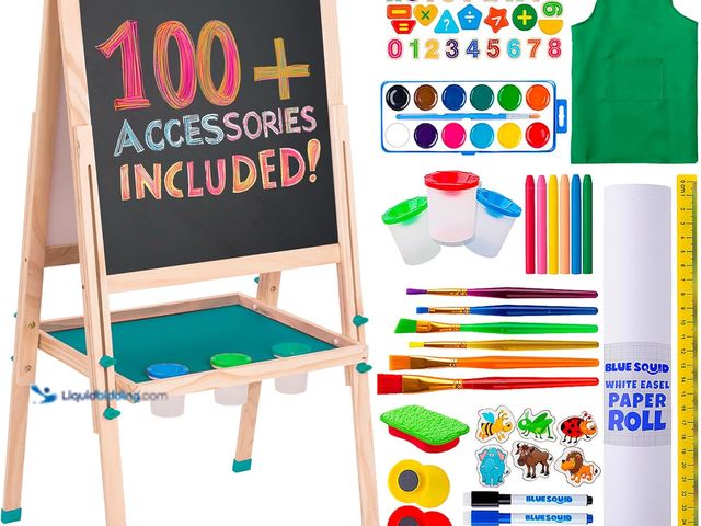 Lot 49-3513490 - Blue Squid Art Easel for Kids Including 100+ Accessories - Double Sided Adjustable Wooden Painting E...