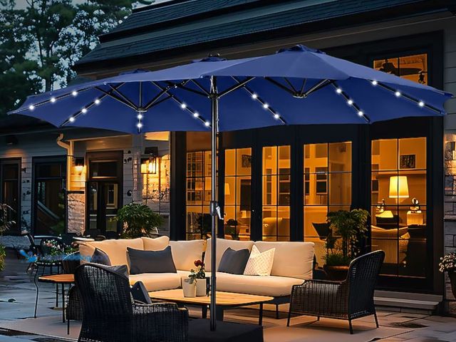 Lot 49-1632096 - Enjoy 15-Ft Steel Blue No-Tilt Market Patio Umbrella with Lights with Base, Model # E02GM018-BL, Sli...