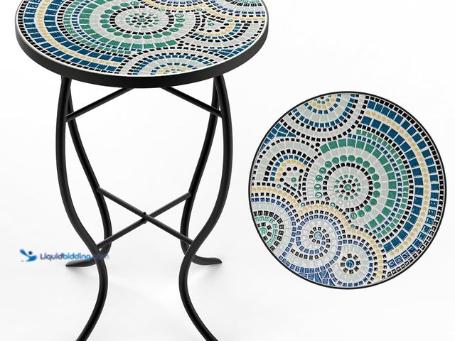 Lot 49-5408625 - Mosaic Outdoor Side Table, Patio Side Table, Weather Resistant 14" Diameter 21" H Ceramic Tile Round...