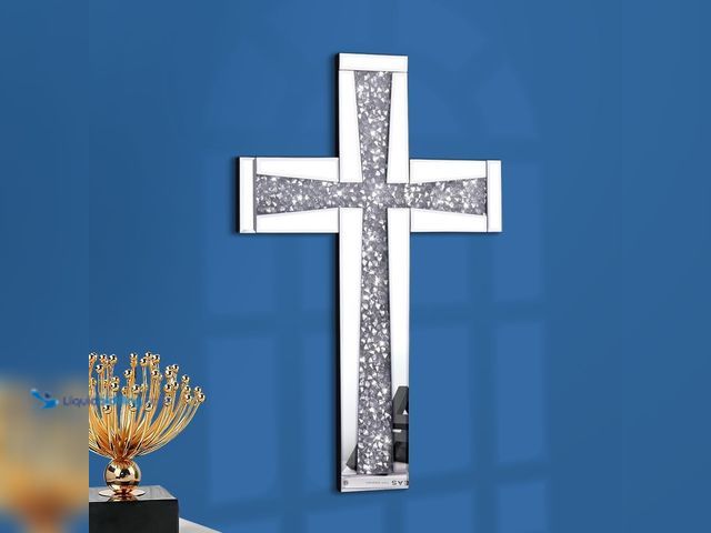 Lot 49-5450243 - Aeveco Silver Mirrored Wall Cross 20×13 inch, Crystal Crush Diamond Cross for Wall, Living Room, Bed...