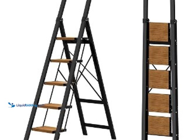 Lot 49-3631382 - Aluminum 5 Step Ladder, Foldable (Black Woodgrain) | Anti-Slip Pedals, 330lbs Capacity, Lightweight,...