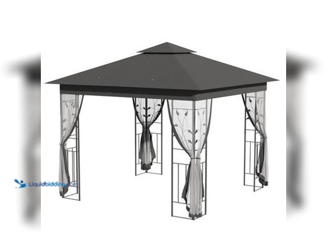 Lot 49-5539818 - Outsunny 10 ft. x 10 ft. Outdoor Grey Patio Gazebo Canopy with 2-Tier Polyester Roof, Netting, Curta...