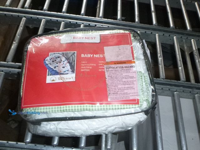 Lot 49-3465354 - Baby Nest Baby Lounger In White with Green Checkered lace and bow and 12 animal wood mildstone circl...