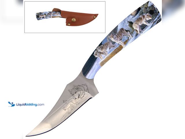 Lot 49-3481306 - Full Tang Fixed Blade Skinning Knife 7" Grey Wolf - NEW - The skinner style blade curves upward and ...