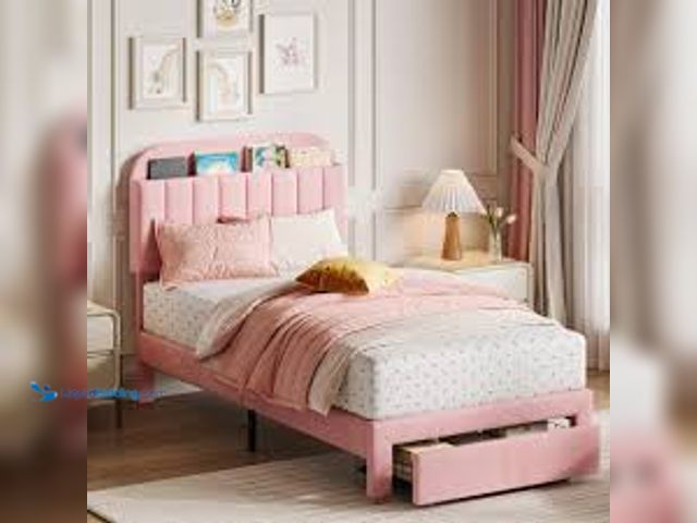 Lot 49-5459537 - Garvee Twin Bed Frame with Drawer, Velvet Upholstered Platform Bed Frame with Storage Headboard, No ...