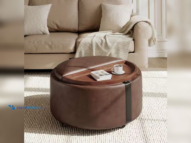 Lot 49-2000036 - Harper & Bright Designs Brown 29 in. Faux Leather Round Storage Ottoman with Caster Wheels, Coffee T...