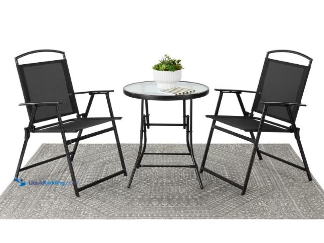Lot 49-1625821 - Mainstays Albany Lane 3-Piece Outdoor Bistro Set, Folding Chairs & Glass Table, Black, Model # 68315...