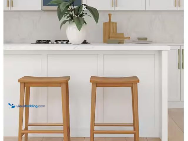 Lot 49-1566874 - PLANK+BEAM Smythe 24 in Pecan Backless Wood Counter Stool with Saddle Seat (Set of 2), v, Slightly u...