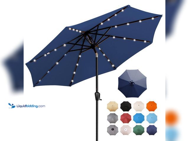 Lot 49-5408128 - Sun-Ray 9 ft. Steel Round Market Solar Lighted Patio Umbrella with 8-Rib, 32-LED in Navy. [Model # 8...