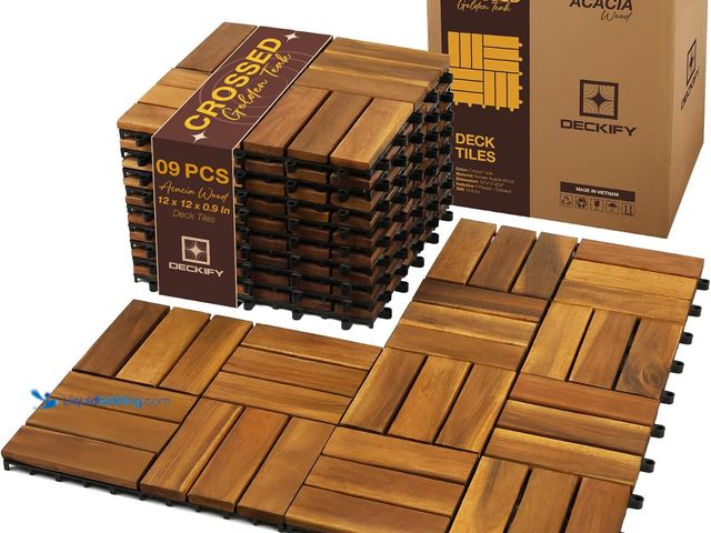 Lot 49-5546021 - 9Pcs Premium Acacia Wood Interlocking Patio Deck Tiles, 12 x 12 x 0.9 Inch Outdoor Flooring, Waterpr...