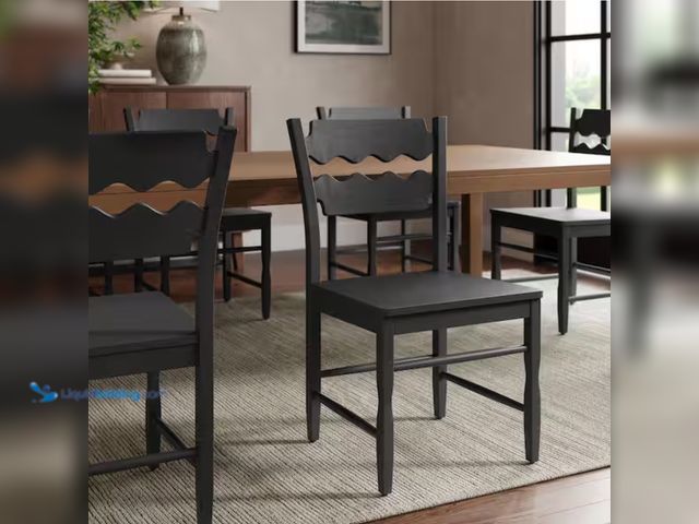 Lot 49-2000116 - MODWAY Jax Oak Wood Dining Chair With Wavy Razor Back in Black, Includes beige cushion, Model # EEI-...