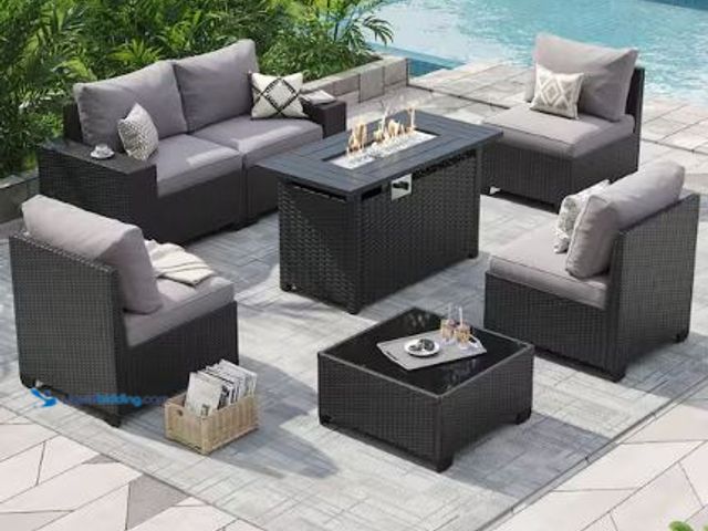 Lot 49-1625298 - Sizzim Black 7-Piece Wicker Rattan Patio Conversation Set with Fire Pit Sectional Seating with Gray ...
