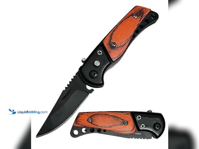 Lot 49-5393378 - Wood Handle Push Button Mini Automatic Pocket Knife 5.75" with Black Stainless Steel Blade - NEW - A...