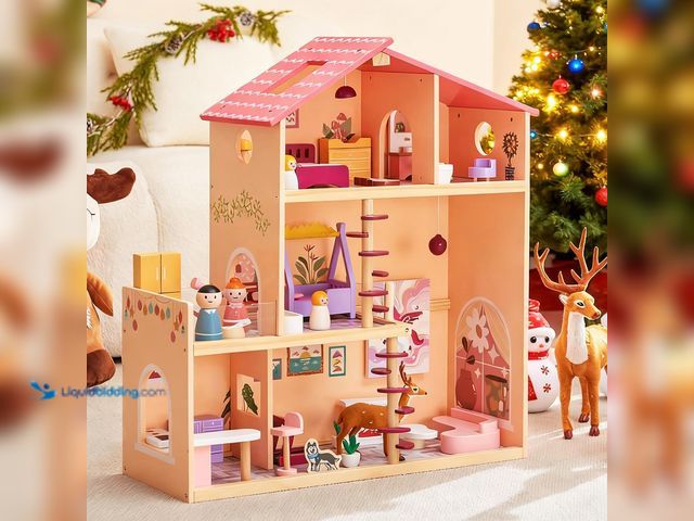 Lot 49-5572361 - Wooden Doll House with 53Pcs Furniture Doll House, 6 Rooms Toddler Dollhouse Includes Spiral Wooden ...