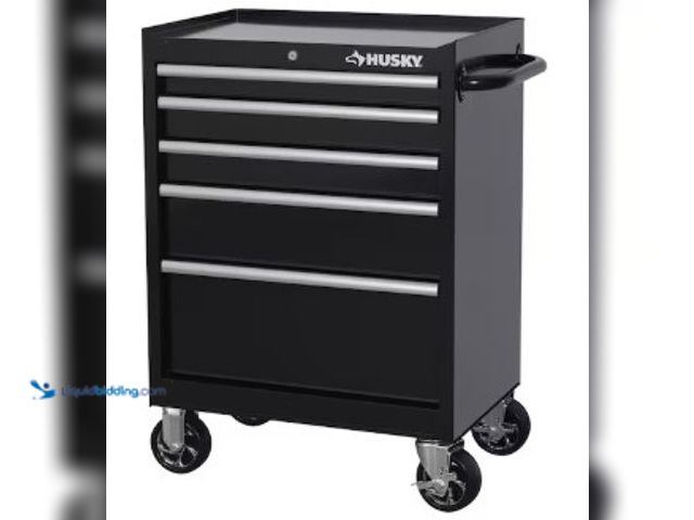 Lot 49-2025102 - Husky Tool Storage 27 in. W x 18 in. D 5-Drawer Gloss Black Rolling Tool Cabinet, Model # H27TR5BLK,...