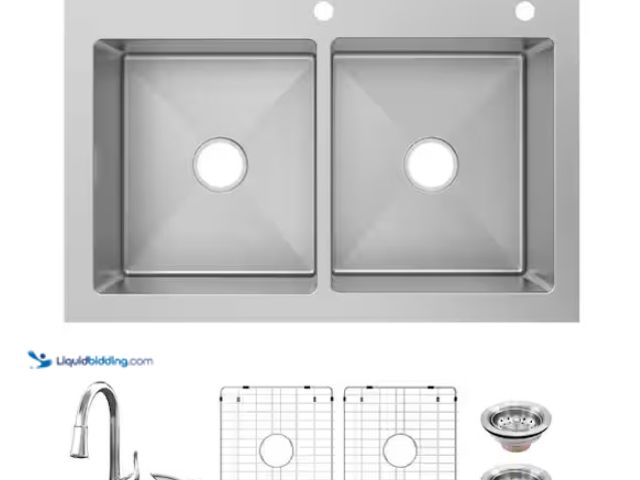 Lot 49-1550434 - Glacier Bay Dolancourt Tight Radius 33 in. Drop-In 50/50 Double Bowl 18 Gauge Stainless Steel Kitche...