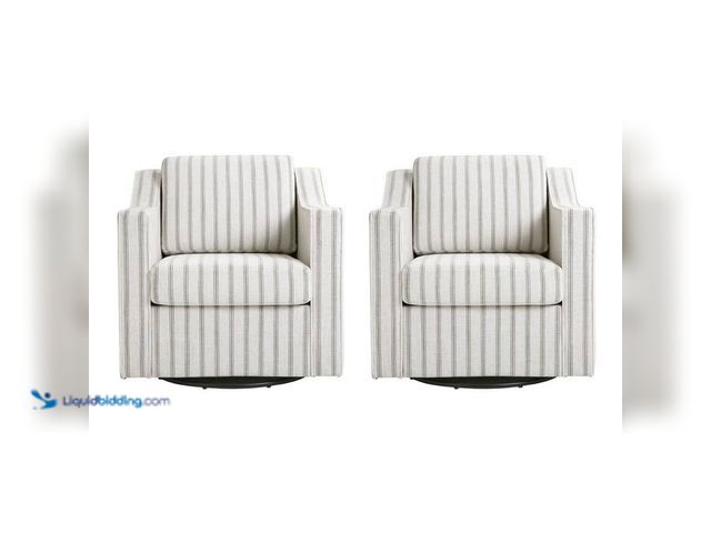 Lot 49-2021777 - Uixe Modern Pinstripe Gray Linen Upholstered Swivel Accent Barrel Chair With Metal Base(Set of 2). M...
