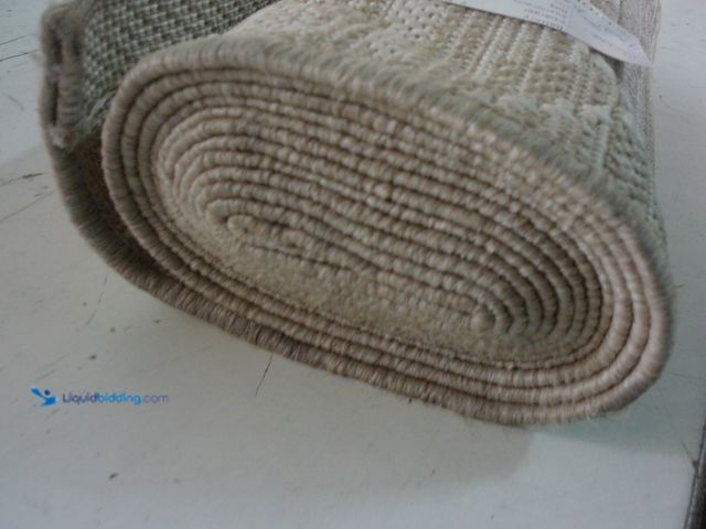 Lot 49-1627374 - 9ft x 12ft Beige Outdoor Low Pile Area Rug With White Criss Cross Pattern, Slightly Used  Ref#SB0715