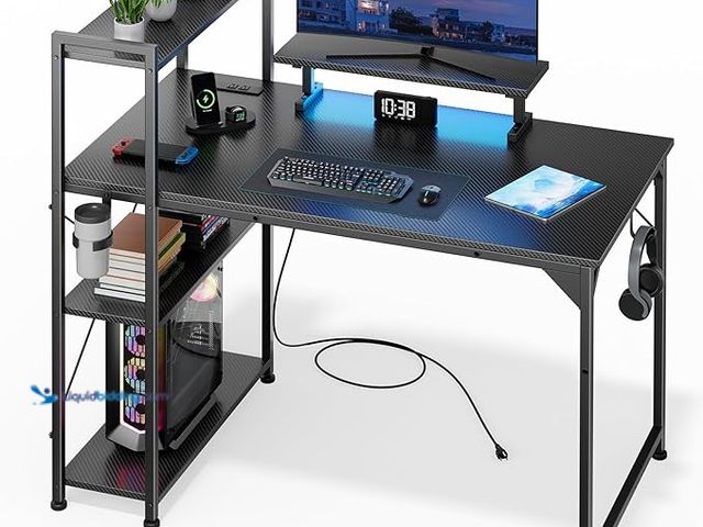 Lot 49-3466014 - 47 Inch Gaming Desk with LED Light, Computer Desk with Reversible Storage Shelves and Power Outlets ...