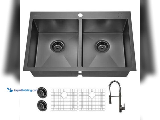 Lot 49-5520762 - Glacier Bay 33 in. Drop-In Double Bowl 18 Gauge Gunmetal Black Stainless Steel Kitchen Sink with Bla...
